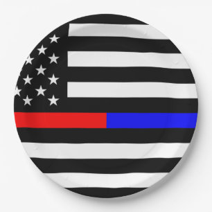 blue red thin line police firefighters symbol usa paper plate