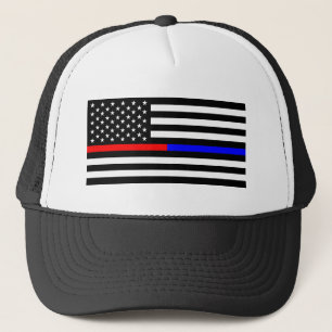 blue red thin line police firefighters symbol usa trucker hat