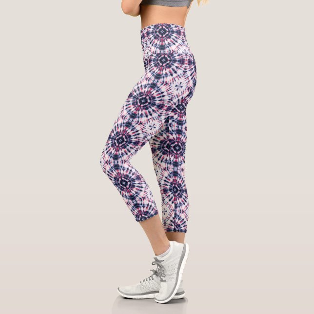 Blue & Red Tie Dye Pattern Capri Leggings (Left)