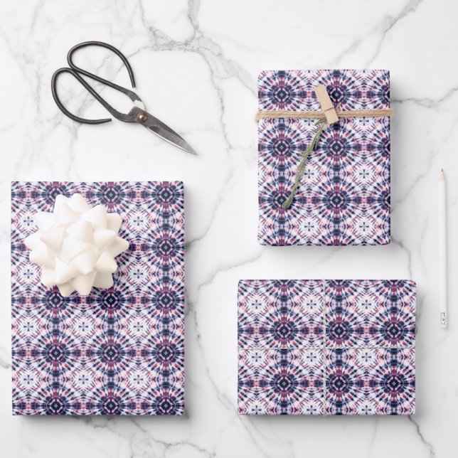 Blue & Red Tie Dye Pattern Wrapping Paper Sheet (Front)