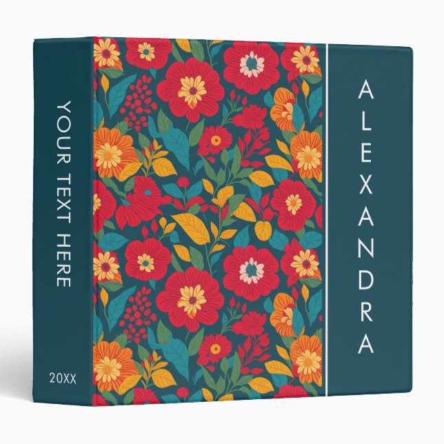Blue & Red Vintage Wild Flowers & Leaves Pattern Binder (Front/Spine)