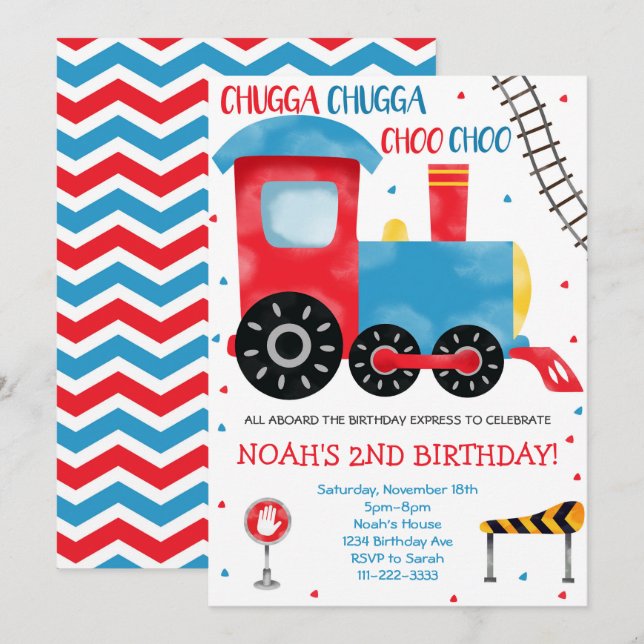 Blue Red Watercolor Train Birthday Invitation (Front/Back)