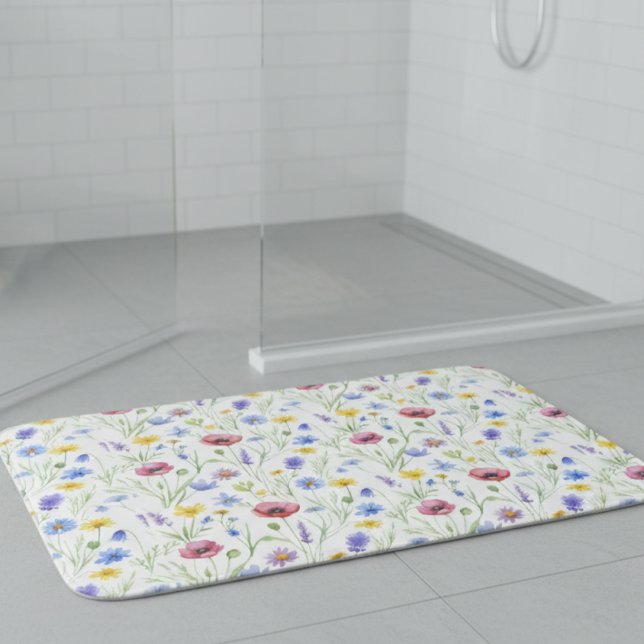 Blue Red Watercolor Wildflower Bath Mat (Creator Uploaded)