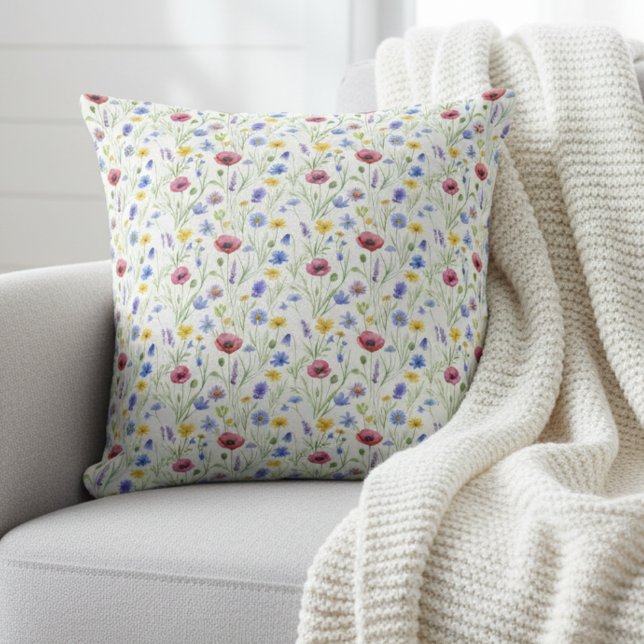 Blue Red Watercolor Wildflower Throw Pillow (Creator Uploaded)