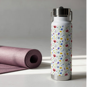 Blue Red Watercolor Wildflower Water Bottle