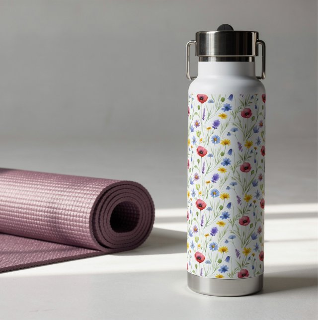 Blue Red Watercolor Wildflower Water Bottle (Creator Uploaded)