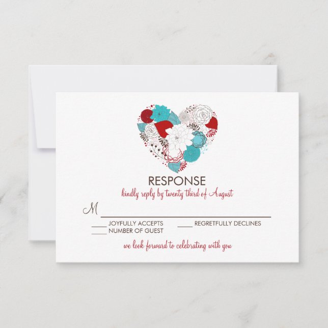 Blue Red Whimsical Floral Heart Wedding RSVP Card (Front)