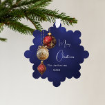 Blue red white baubles Christmas Ornament Card<br><div class="desc">A navy blue,  uneven coloured background. Decorated with red and gold baubles and some greenery and a pine cone.  Personalize and add your name,  year.  Text: Merry Christmas</div>