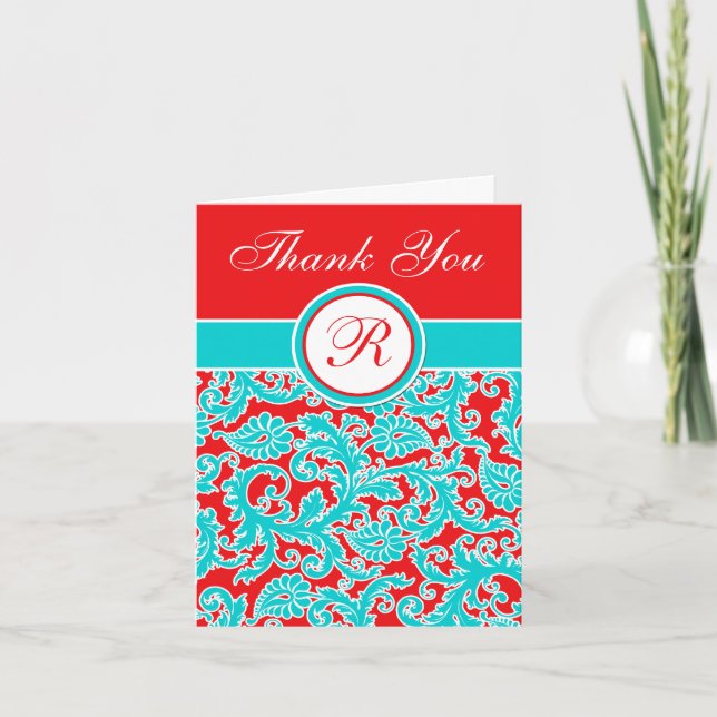 Blue Red White Damask Monogramme Merci Carte de no (Devant)