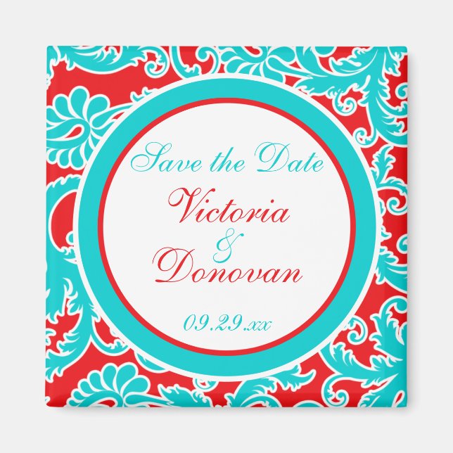 Blue Red White Damask Save the Date Magnet (Front)