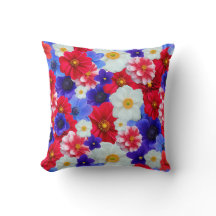 Blue, Red, White Flower Pattern Design Throw Pillo