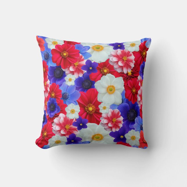 Blue, Red, White Flower Pattern Design Throw Pillo Throw Pillow (Front)