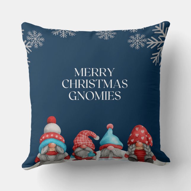 Blue Red White Gnomes Pun and Snowflakes Christmas Throw Pillow (Back)