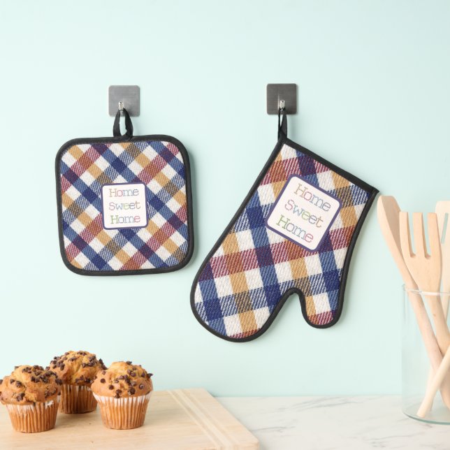 Blue Red White Gold Home Sweet Home Oven Mitt & Pot Holder Set (Insitu(Hanging))