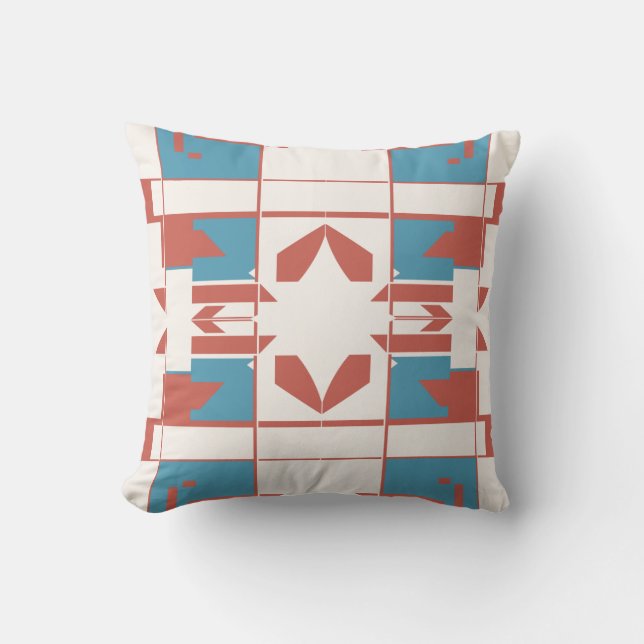 Blue Red White Mediterranean Chequerboard Mosaic Throw Pillow (Front)
