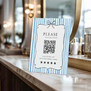 Blue Red White Stripe Vintage Bow QR Code Review Pedestal Sign