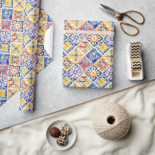 Blue Red Yellow Floral Abstract Cinco de Mayo Wrapping Paper