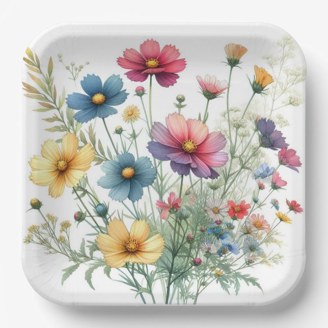 Blue Red Yellow Floral Paper Plate (Front)