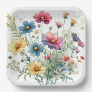 Blue Red Yellow Floral Paper Plates, Botanical Plate