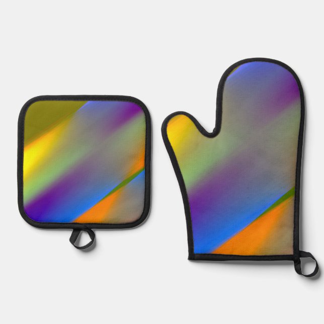 Blue red yellow green abstract pattern orangpurple oven mitt & pot holder set (Front)