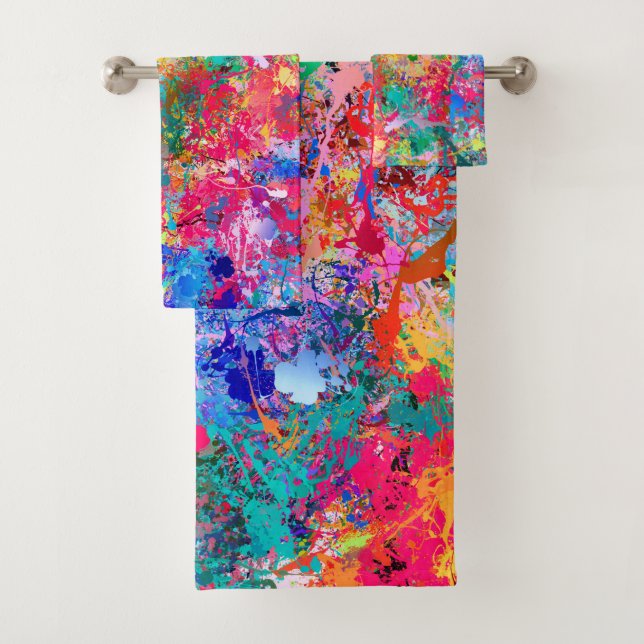 Blue Red Yellow Green Pink Teal Splash Abstraction Bath Towel Set (Insitu)