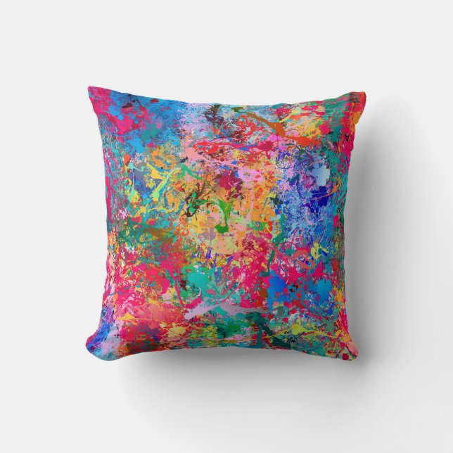 Blue Red Yellow Green Pink Teal Splash Abstraction Throw Pillow (Front)