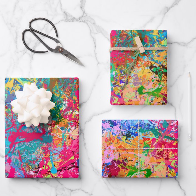 Blue Red Yellow Green Pink Teal Splash Abstraction Wrapping Paper Sheet (Front)