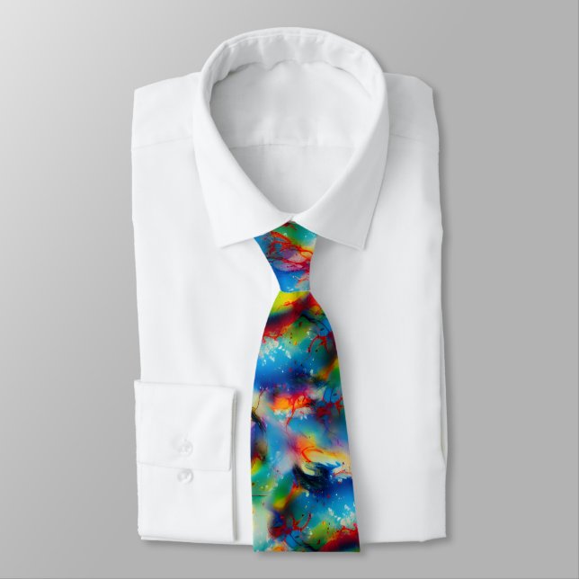 Blue Red Yellow Green Watercolor Abstraction Tie (Tied)