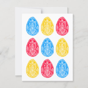 Blue/Red/Yellow Rustic Floral Easter Egg Linocut Postcard