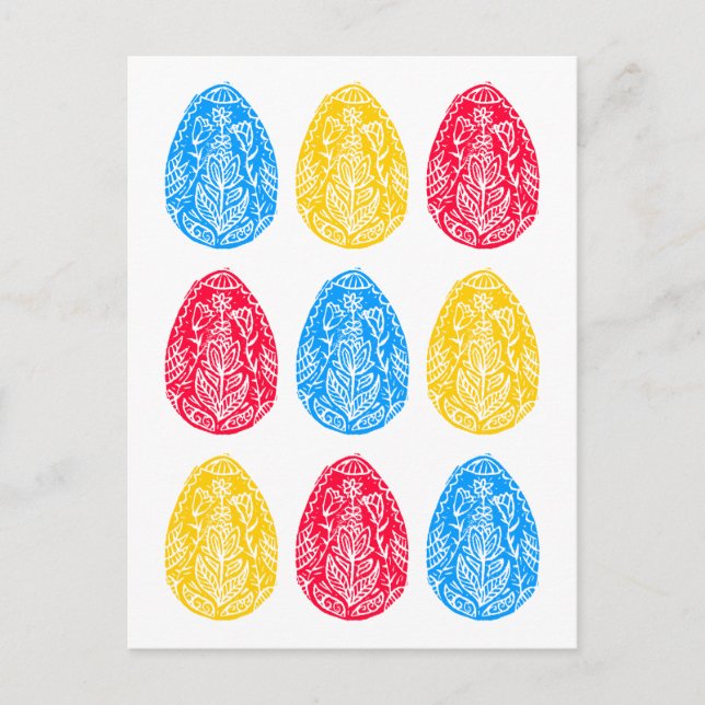 Blue/Red/Yellow Rustic Floral Easter Egg Linocut Postcard (Front)