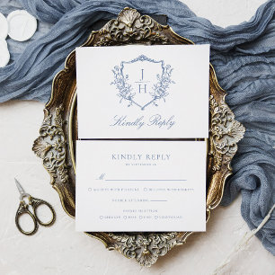 Blue Regency Floral Crest Monogram Wedding RSVP Card