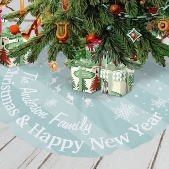 Blue Reindeer Forest Christmas Personalized Faux Linen Tree Skirt (Creator Uploaded)