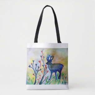 Blue Reindeer Love Trees Watercolor Art Tote Print Bag