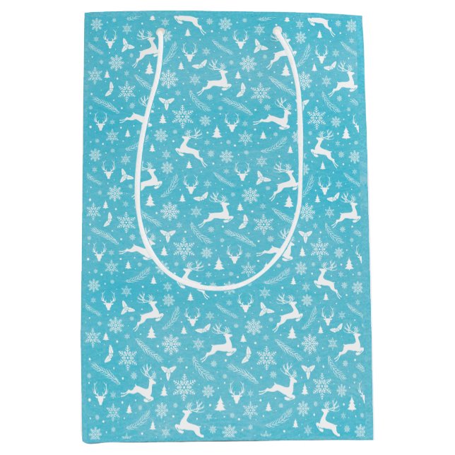 Blue Reindeer Pattern Merry Christmas Snowflakes Medium Gift Bag (Front)