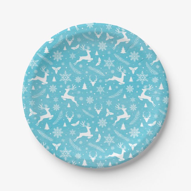 Blue Reindeer Pattern Merry Christmas Snowflakes   Paper Plate (Front)