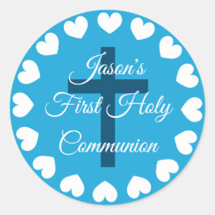 Blue religious cross boy's first holy communion classic round sticker