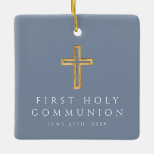 Blue Religious Cross First Communion Photo  Ceramic Ornament