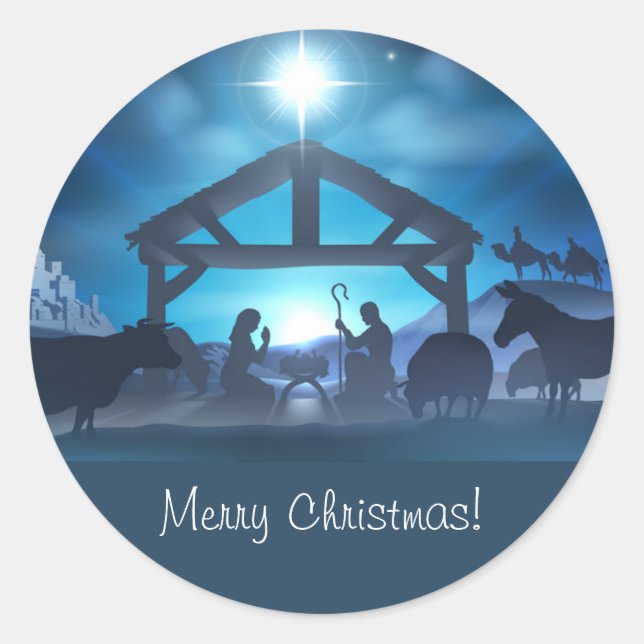 Blue Religious Nativity Christmas Envelope Sticker (Front)