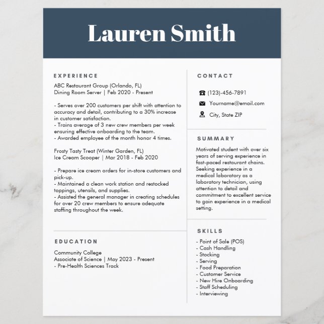 Blue Resume | One-Page Resume | Entry-Level Resume (Front)
