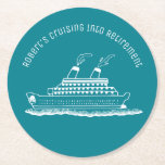 Blue Retirement Cruising Round Paper Coaster<br><div class="desc">Monogrammed cruising into retirement party theme. White and blue simple modern line art. Cruise on over to the party!</div>