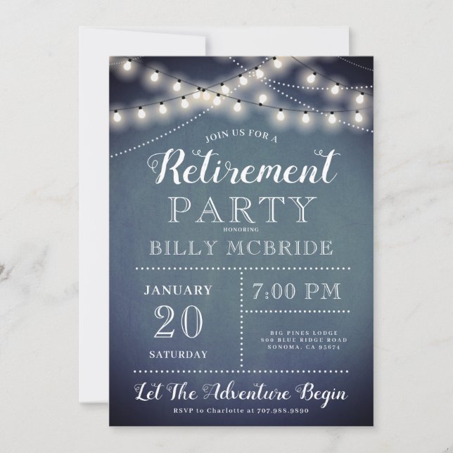 Blue  Retirement Party String Lights Invitation (Front)