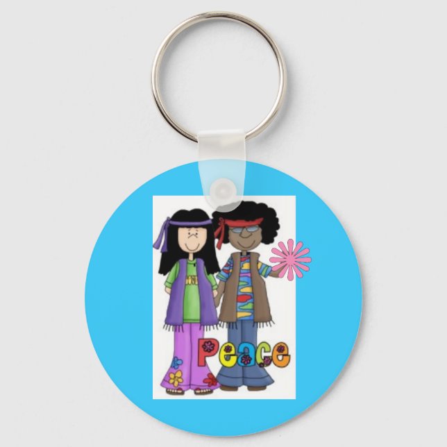 Blue Retro 1960 Hippies Keychain ~ Flower Power (Front)