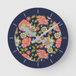 Blue Retro 70s Floral Pattern Round Clock