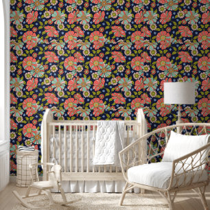 Blue Retro 70s Floral Pattern Wallpaper