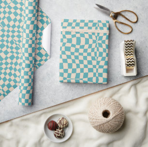 Blue Retro 70s Groovy wavy checkered Pattern Wrapping Paper