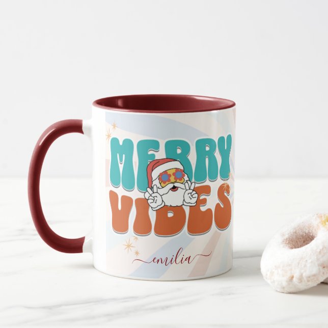 Blue Retro 70s Themed Merry Vibes Custom Name Mug (With Donut)