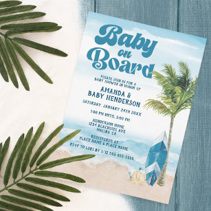 Blue Retro Baby On Board Surf Baby Shower Invitation