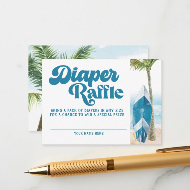 Blue Retro Baby On Board Surf Diaper Raffle Enclosure Card (Front/Back In Situ)