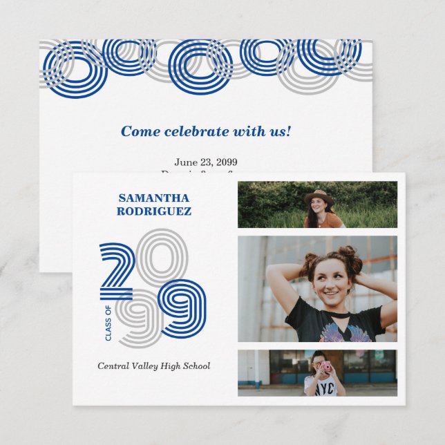 Blue Retro Big Numbers 3-Photo Graduation Invitation (Front/Back)
