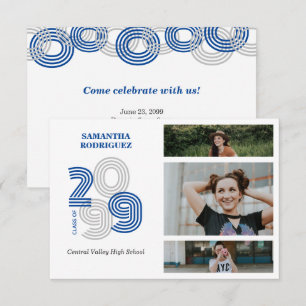 Blue Retro Big Numbers 3-Photo Graduation Invitation